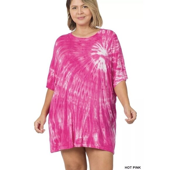 Zenana Outfitters Pink Tie Dye Round Neck Short Sleeve Top Plus Size 2X - Picture 2 of 4